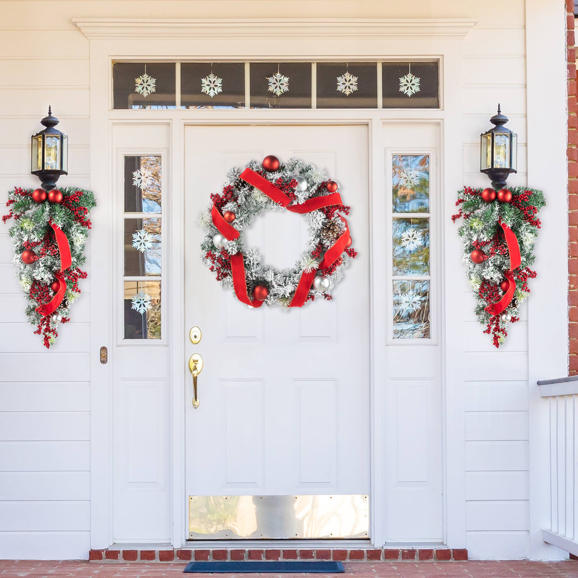 Glitzhome® 25" Flocked Berry, Ornament & Pinecone Ribbon Teardrop